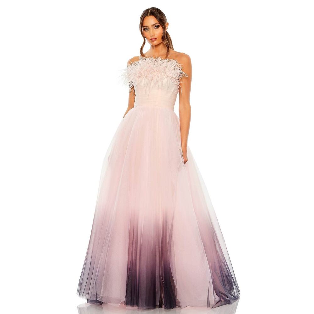 NWT MAC DUGGAL 20557 Pink Ombre Strapless Tulle Base Feather Bodice Gown Size 14
